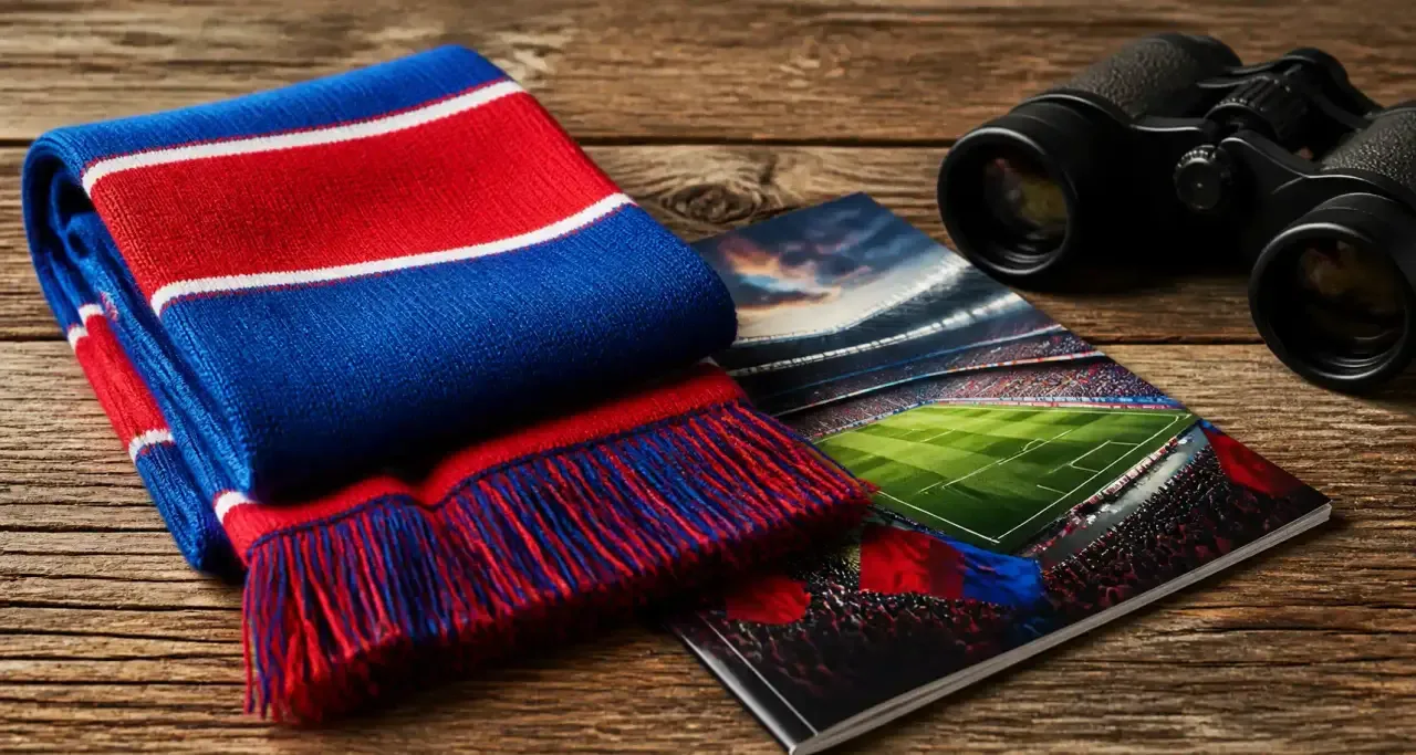Écharpe de supporter, jumelles et programme de match sur une table