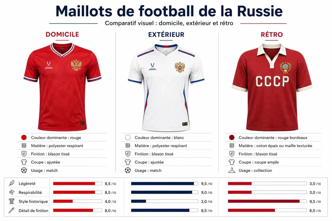 Infographie comparative des maillots de la Russie : domicile, extérieur et rétro pour collectionneurs et supporters.