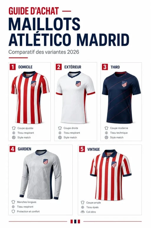 Comparatif maillot Atlético Madrid domicile, extérieur, third, gardien et vintage