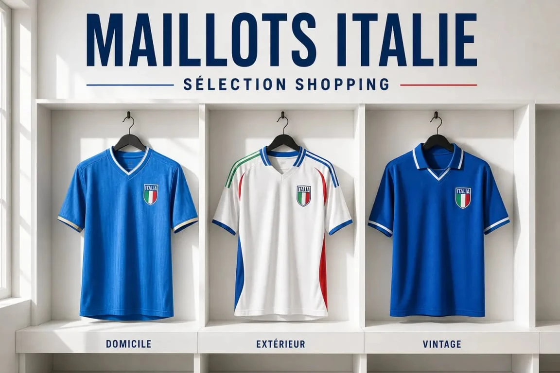 Maillot de foot Italie présenté en versions domicile, extérieur et vintage dans une composition éditoriale sobre