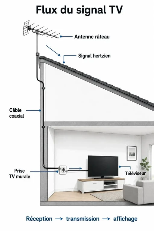 Schéma de fonctionnement d'une installation TV pour comprendre pourquoi ma tv ne trouve pas toutes les chaînes
