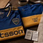 Maillot boca junior officiel vintage bleu et or sur table