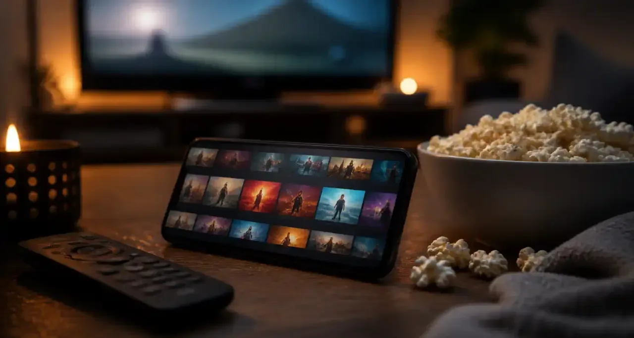 Smartphone affichant une interface de streaming vidéo lors d'une soirée à domicile