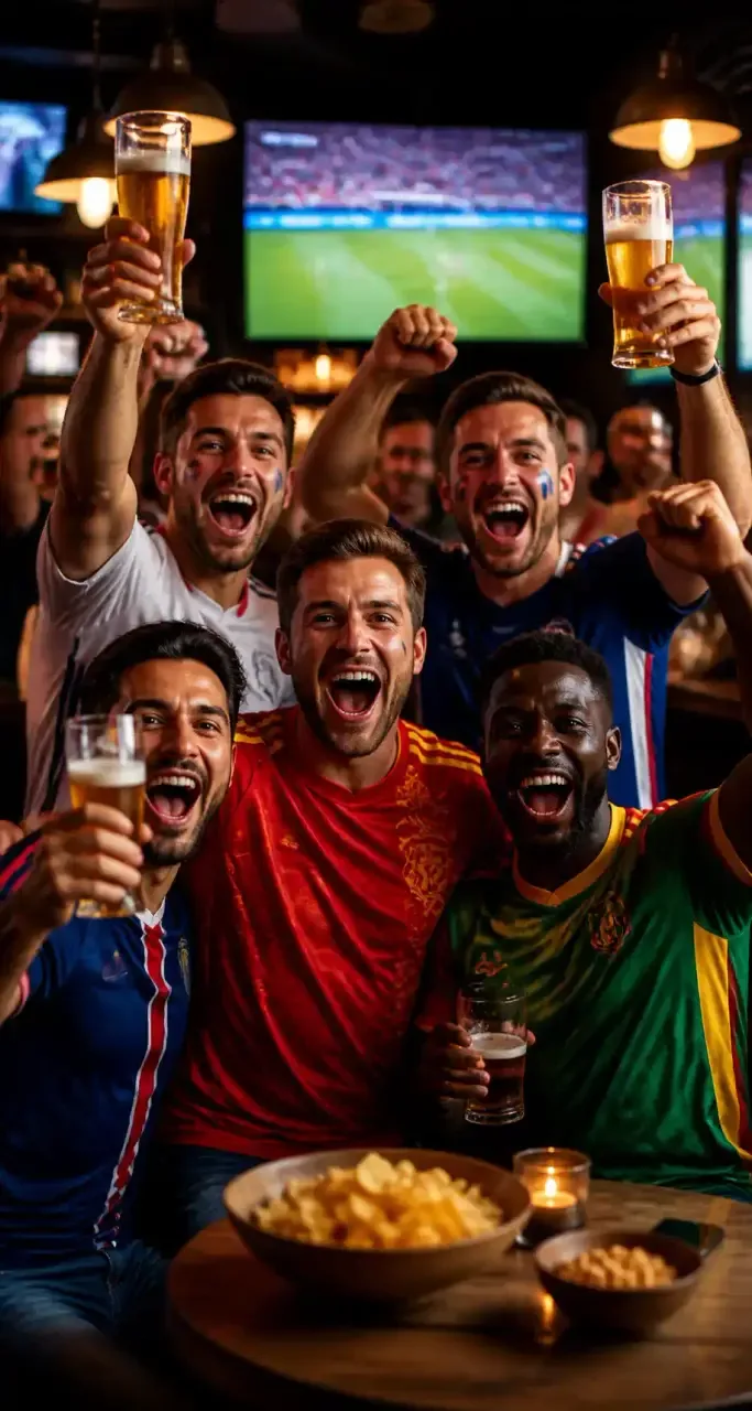 Supporters en maillots célébrant dans un bar sportif