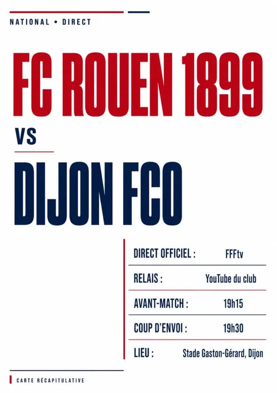 Où regarder FC Rouen Dijon football Côte d'Or : récapitulatif des canaux officiels, des horaires et du stade Gaston-Gérard