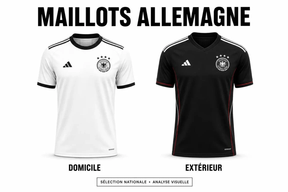 Maillot Mannschaft domicile blanc et extérieur, visuel éditorial sobre de l’équipe d’Allemagne