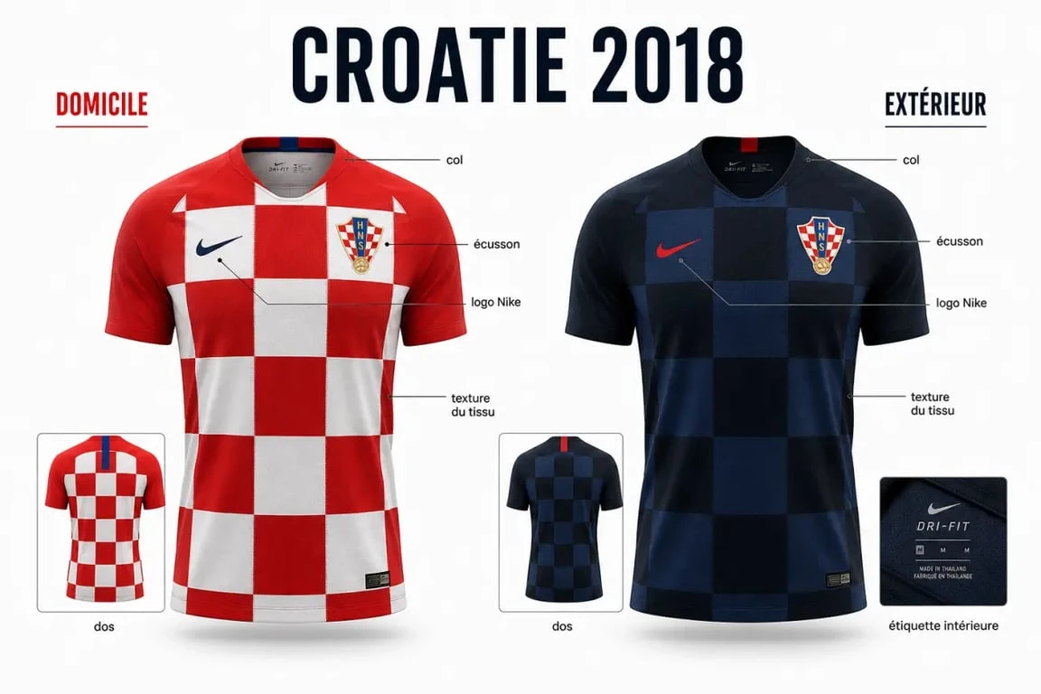 Maillot Croatie 2018 domicile et extérieur en comparaison visuelle pour reconnaître le bon modèle