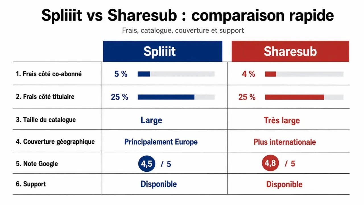 Spliiit ou Sharesub : comparaison visuelle des frais, du catalogue et de la sécurité