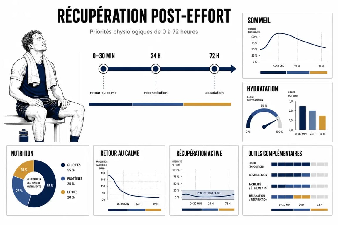 Optimiser sa récupération physique pour performer durablement dans le sport : schéma des 6 piliers et du timing après l’effort