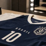 Maillot Bresil Bleu extérieur, authentique ou stadium : vue 3/4 sur table.
