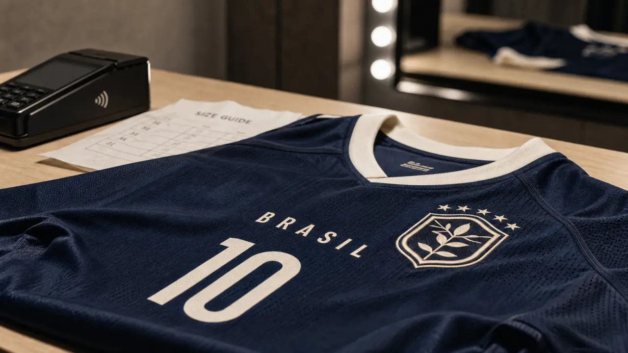 Maillot Bresil Bleu extérieur, authentique ou stadium : vue 3/4 sur table.