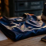 Maillot pays bas exterieur Nike junior sur table, étiquette EXTÉRIEUR et guide des tailles