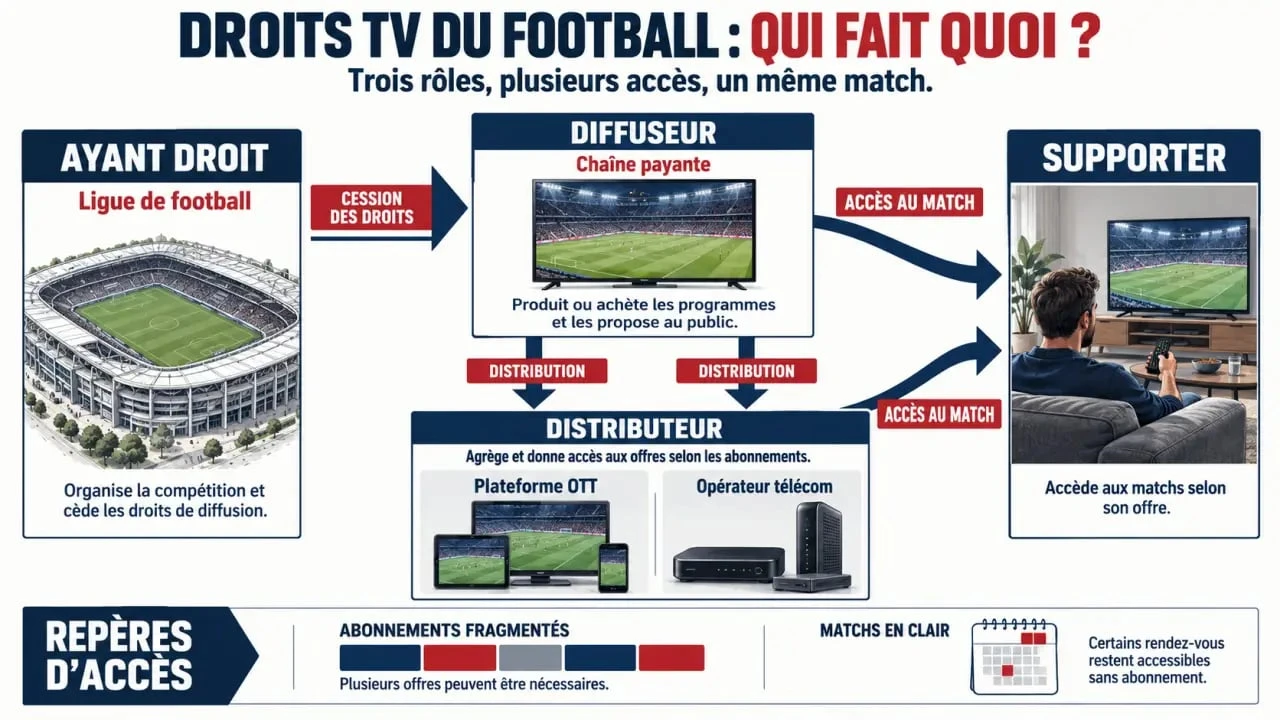Infographie sur les droits TV du football et les rôles des diffuseurs, distributeurs et ayants droit