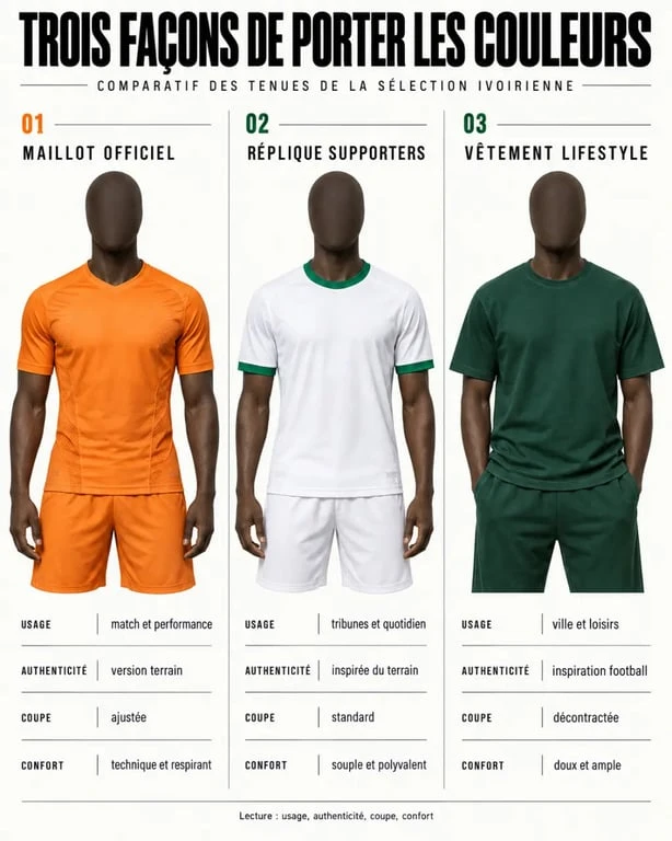 Infographie comparative des catégories de maillot de football Côte d’Ivoire officiel, réplique et vêtement de supporter