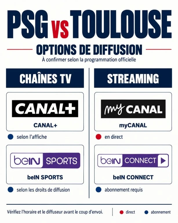 Infographie des options pour regarder le match PSG vs Toulouse en direct à la télévision et en streaming