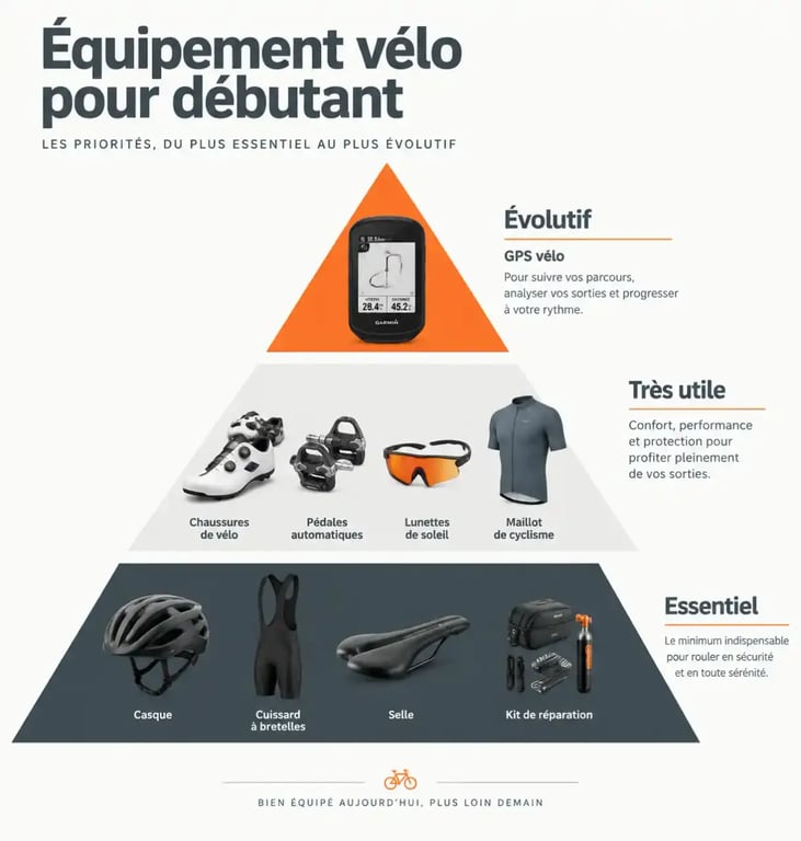 Infographie des priorités d'équipement pour débuter le cyclisme en compétition